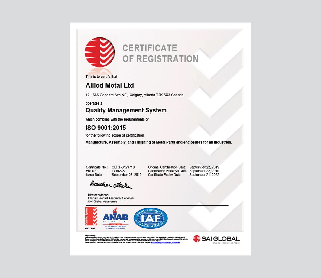 Allied Metal Ltd ISO 9001 2015 Certification